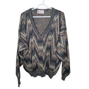 Vintage London Fog Deep V-Neck Sweater Geometric Zig Zag Knit Large